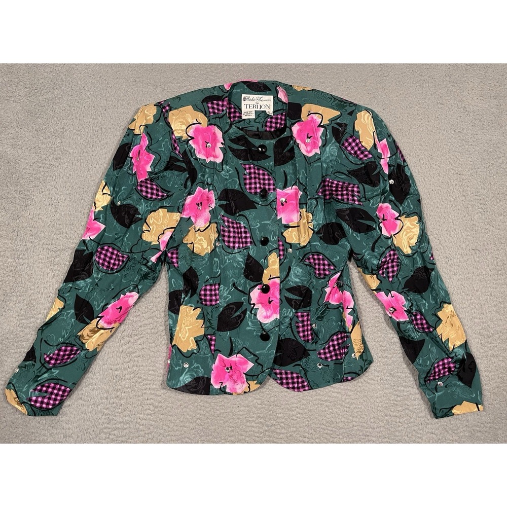 Vintage Rickie Freeman‎ For Teri Jon Silk Jacket Green Pink Floral Small S